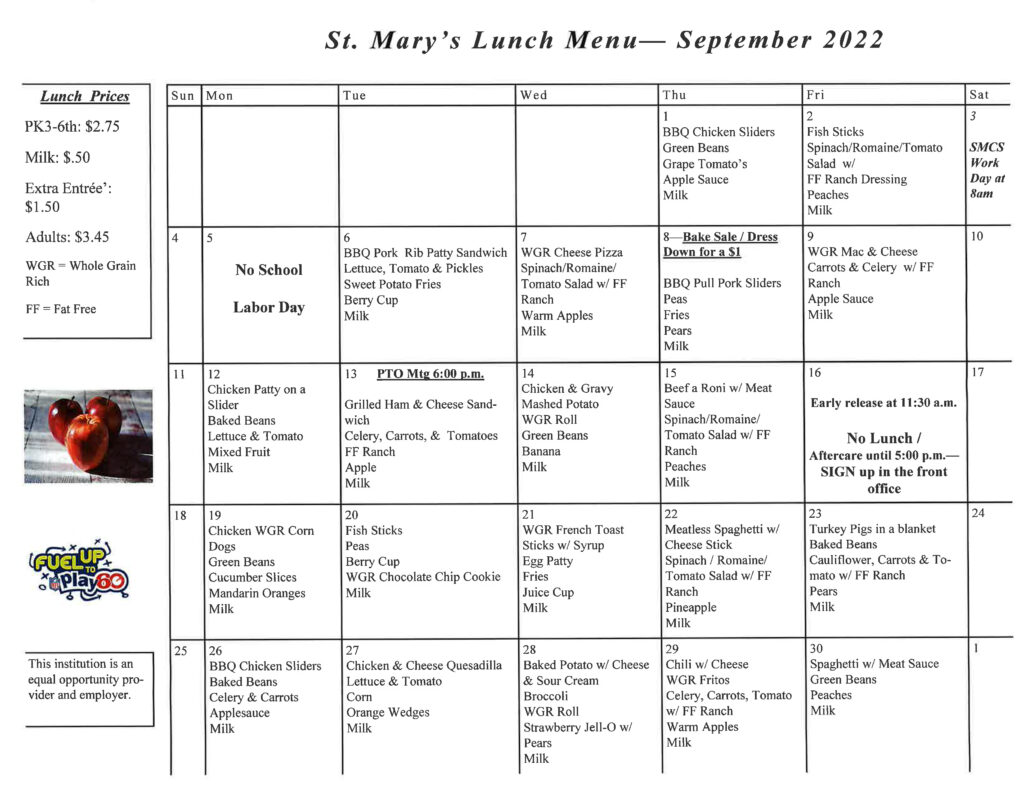 Nutrition Hot Lunch – St. Mary's Catholic School